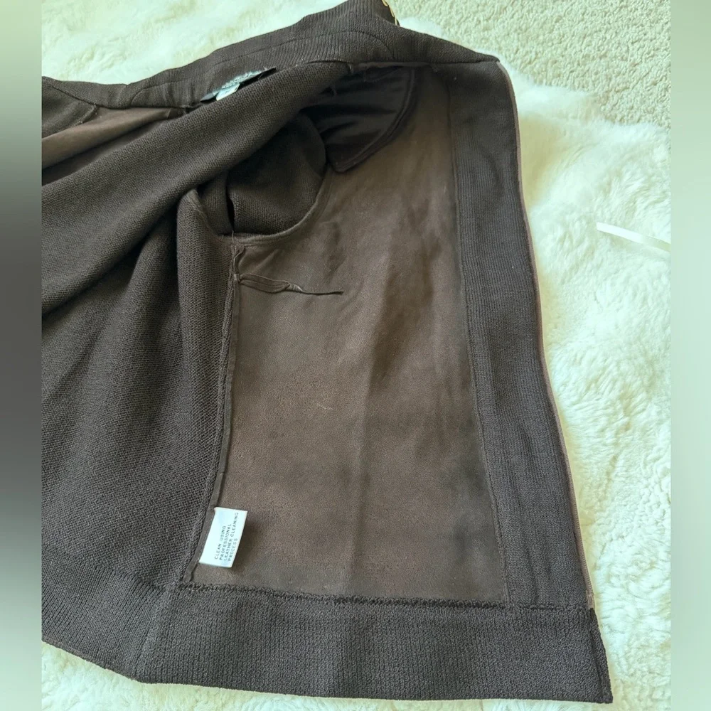 ✨St. John Collection Brown Suede Knit Jacket Gold Chain Trim Zipper Blazer - 10